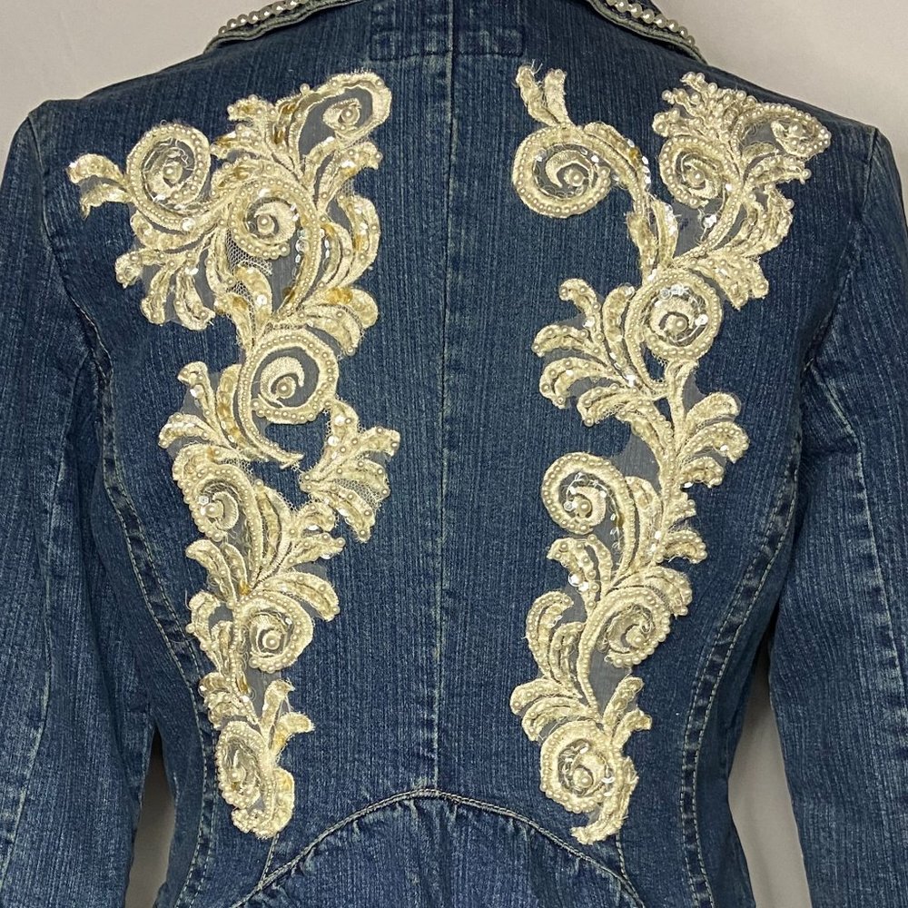 Upcycled Embellished Handstitched Bridal Vintage Lace Demin Jacket/Blazer S/M - Picture 10 of 14